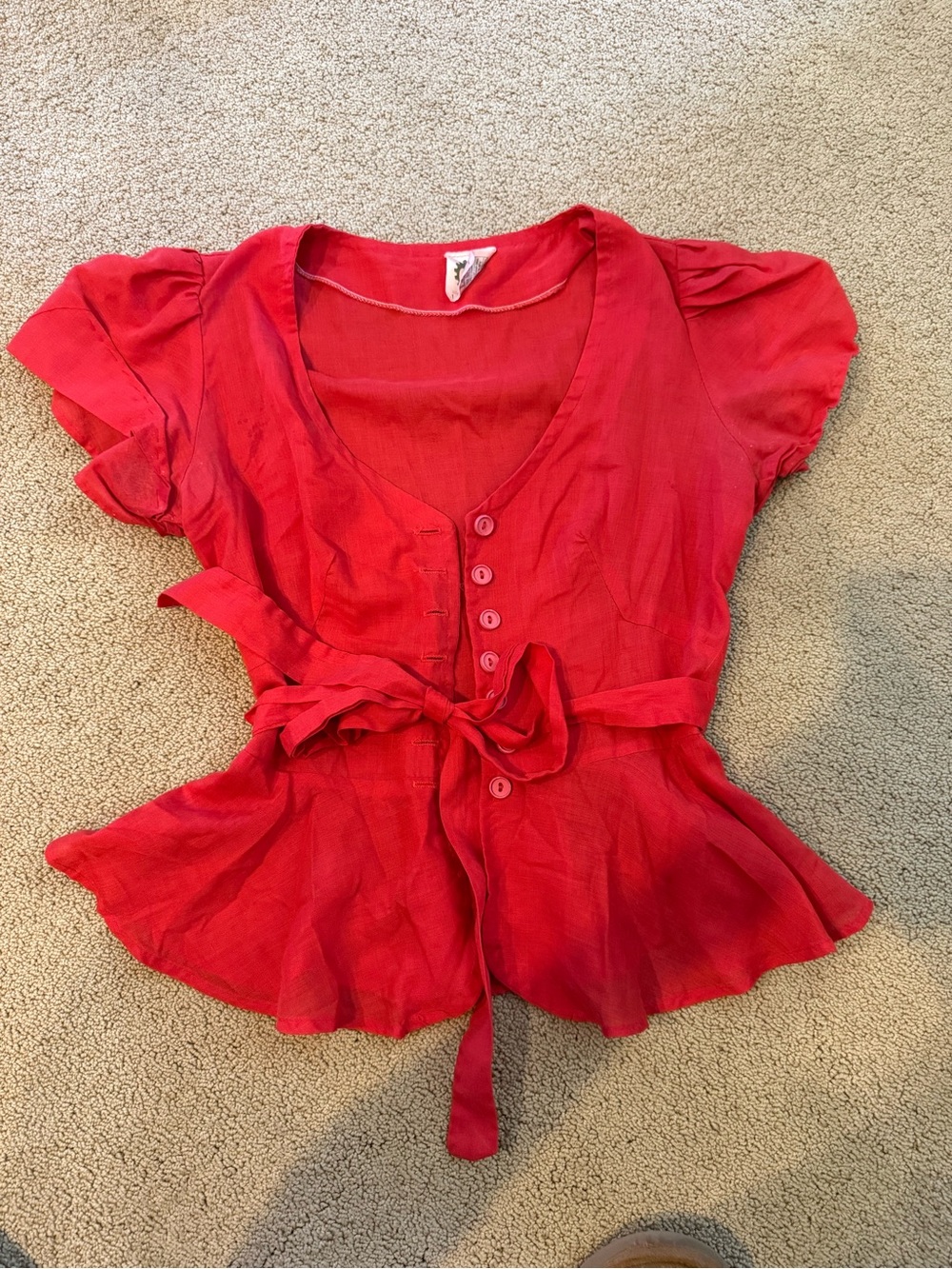 Vintage In Gear England Red Linen Blend Puff Sleeve Peplum Tie Waist Blouse